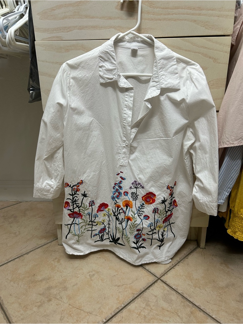 Anthropologie White Tunic with Multicolor Floral Embroidery